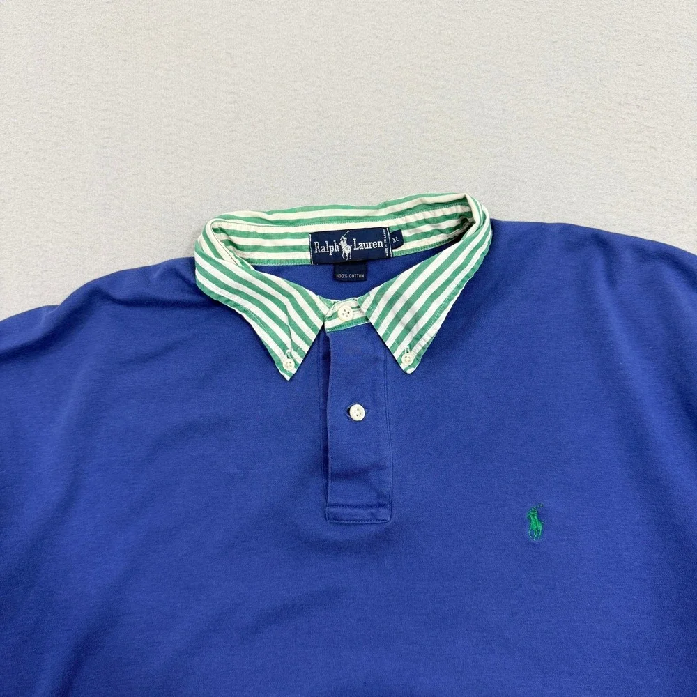 Vintage Ralph Lauren Polo Shirt Mens XL Blue Contrast Striped Collar Pony Preppy